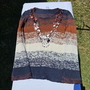 Oscar de la Renta Navy and Orange Knit Sweater